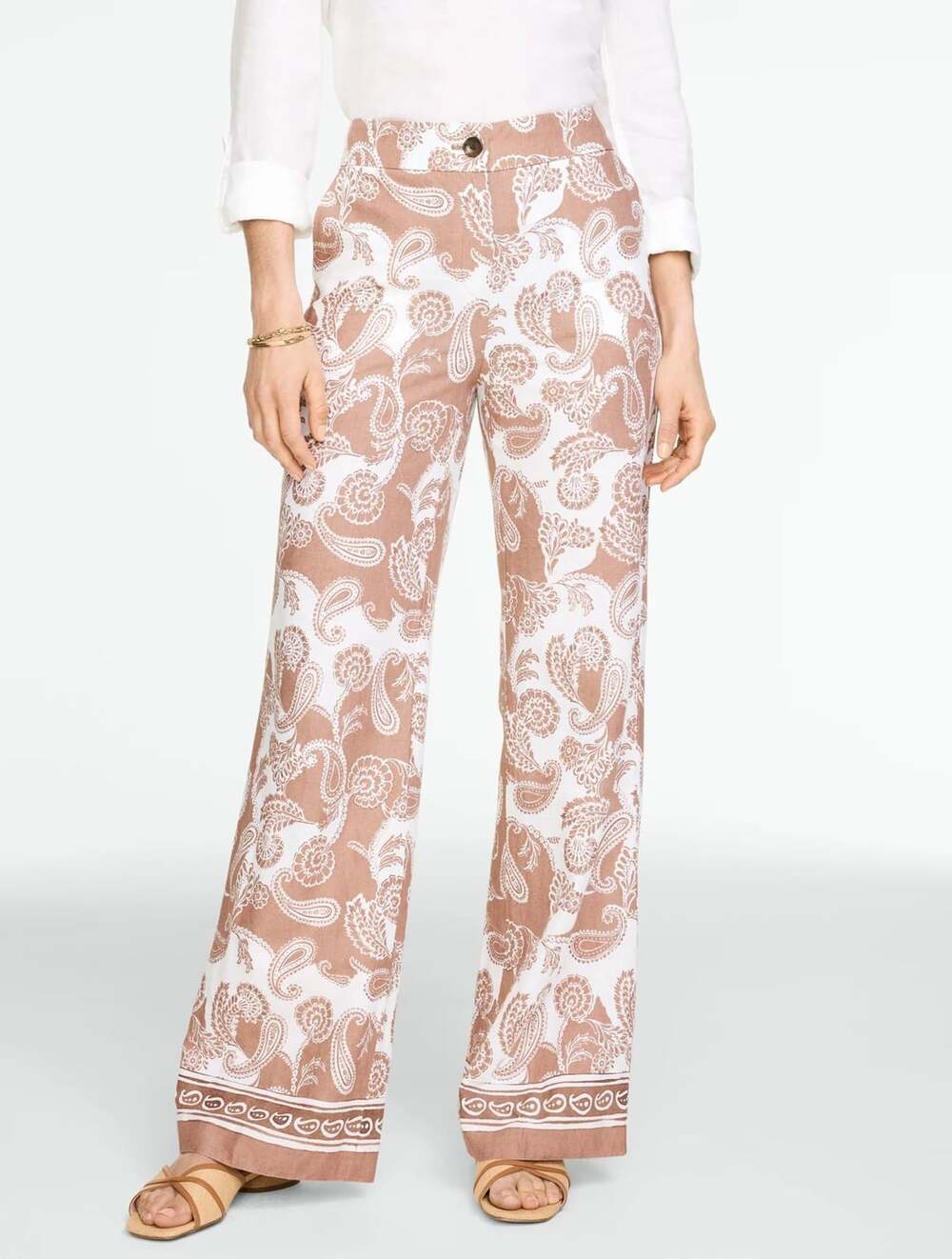 Talbots 2025  Linen Cotton Moroccan Paisley Wide Leg Pants Size 4 White Tan